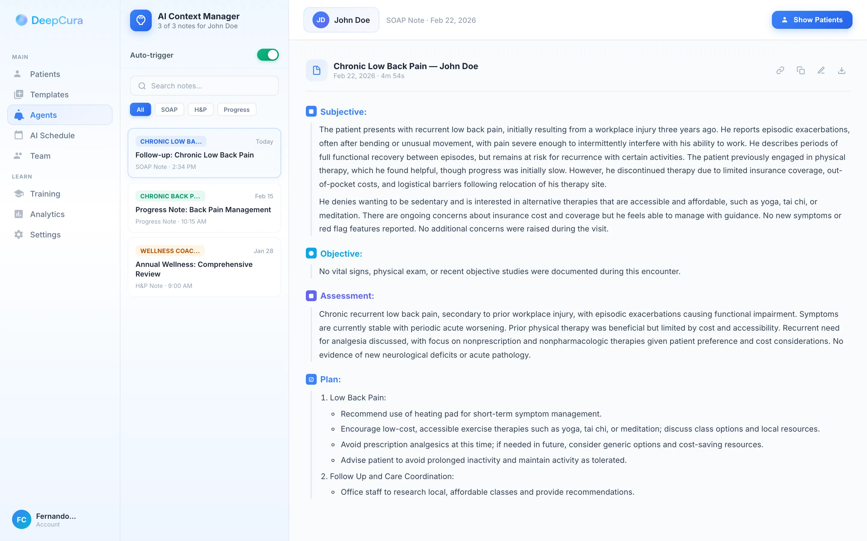 DeepCura AI scribe generating a neurology note from ambient listening — sidebar with AI Context Manager, note templates, and patient list