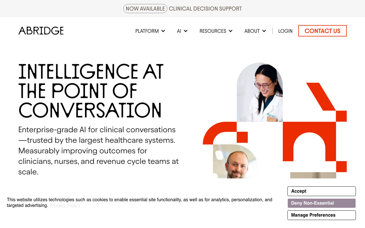 Abridge AI medical scribe homepage — enterprise ambient clinical documentation for health systems