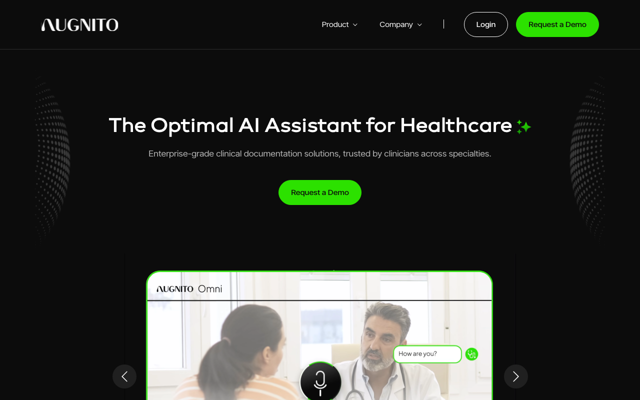 Augnito cloud-based medical speech recognition and dictation software homepage