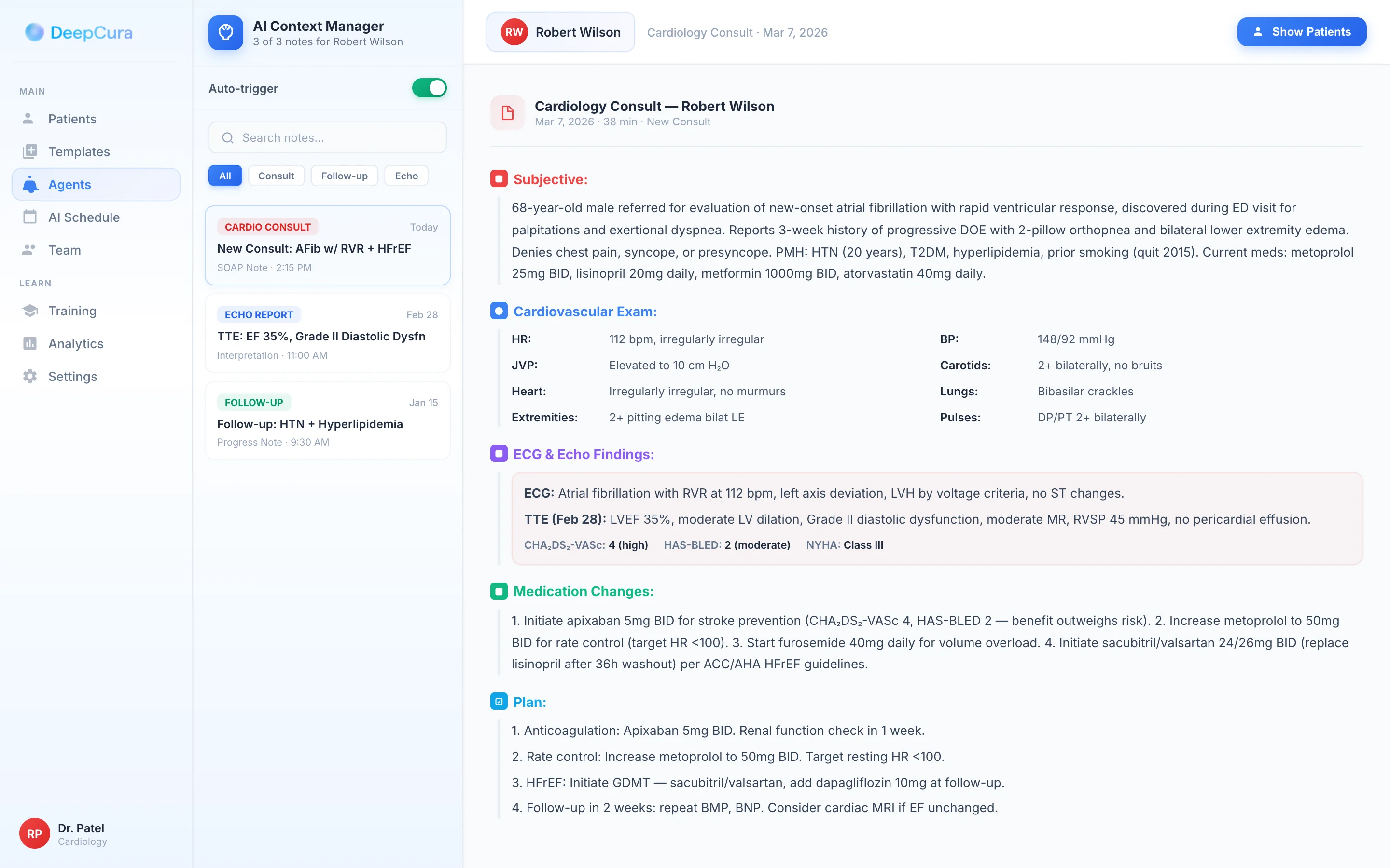 DeepCura AI scribe generating a cardiology SOAP note — sidebar with AI Context Manager, cardiovascular exam findings, ECG and echo interpretation, and risk score documentation