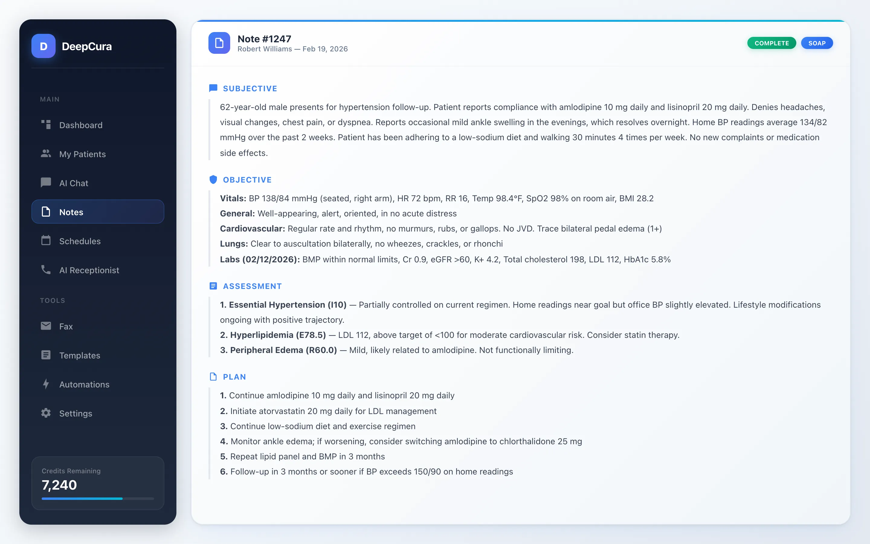 DeepCura AI note generation — SOAP note with ICD-10 codes and AI agent status panel