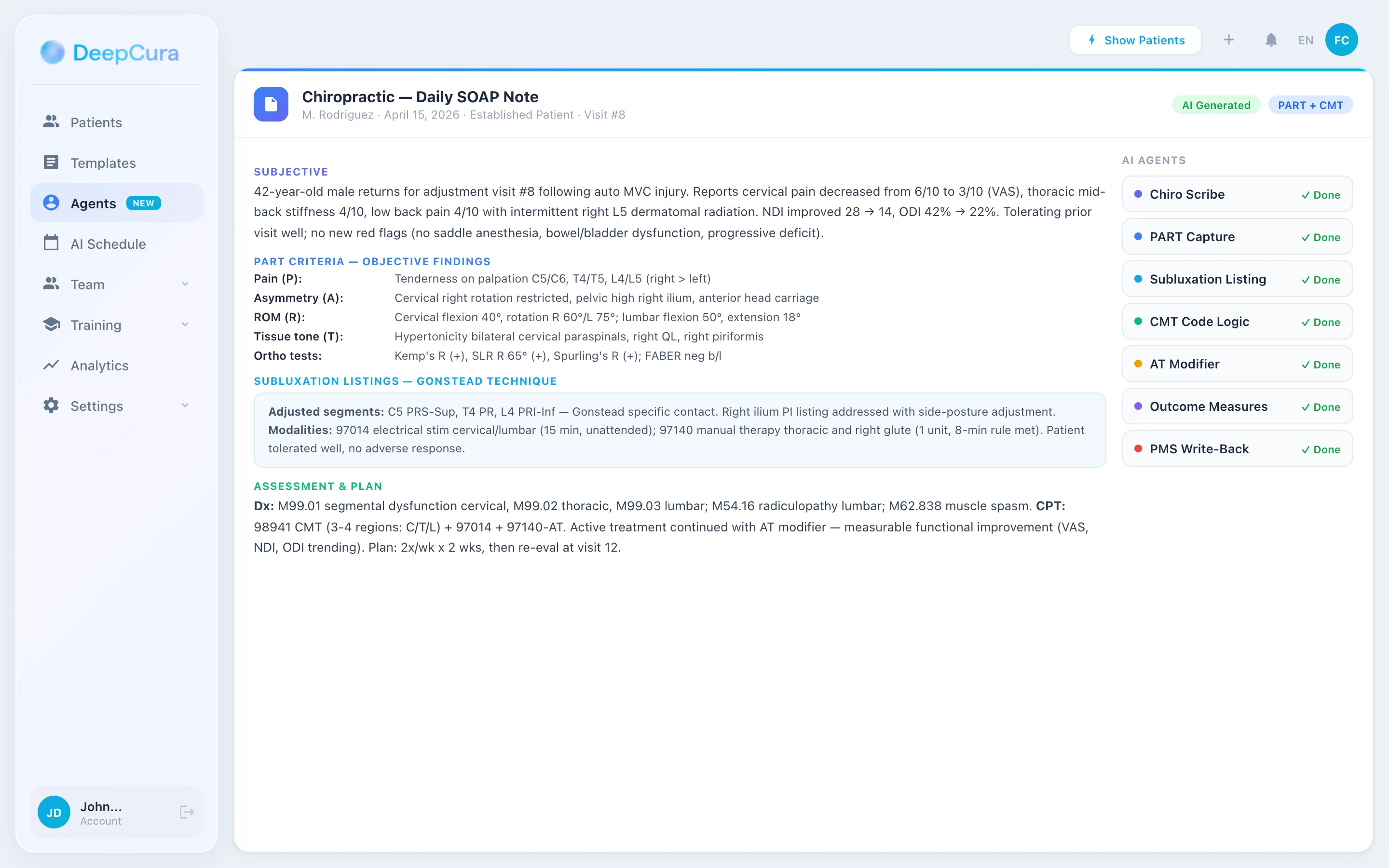 DeepCura chiropractic daily SOAP note with PART criteria, subluxation listings, CMT code, and modality documentation