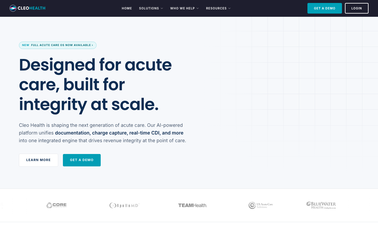 Cleo Health AI scribe homepage — acute care documentation and charge capture platform