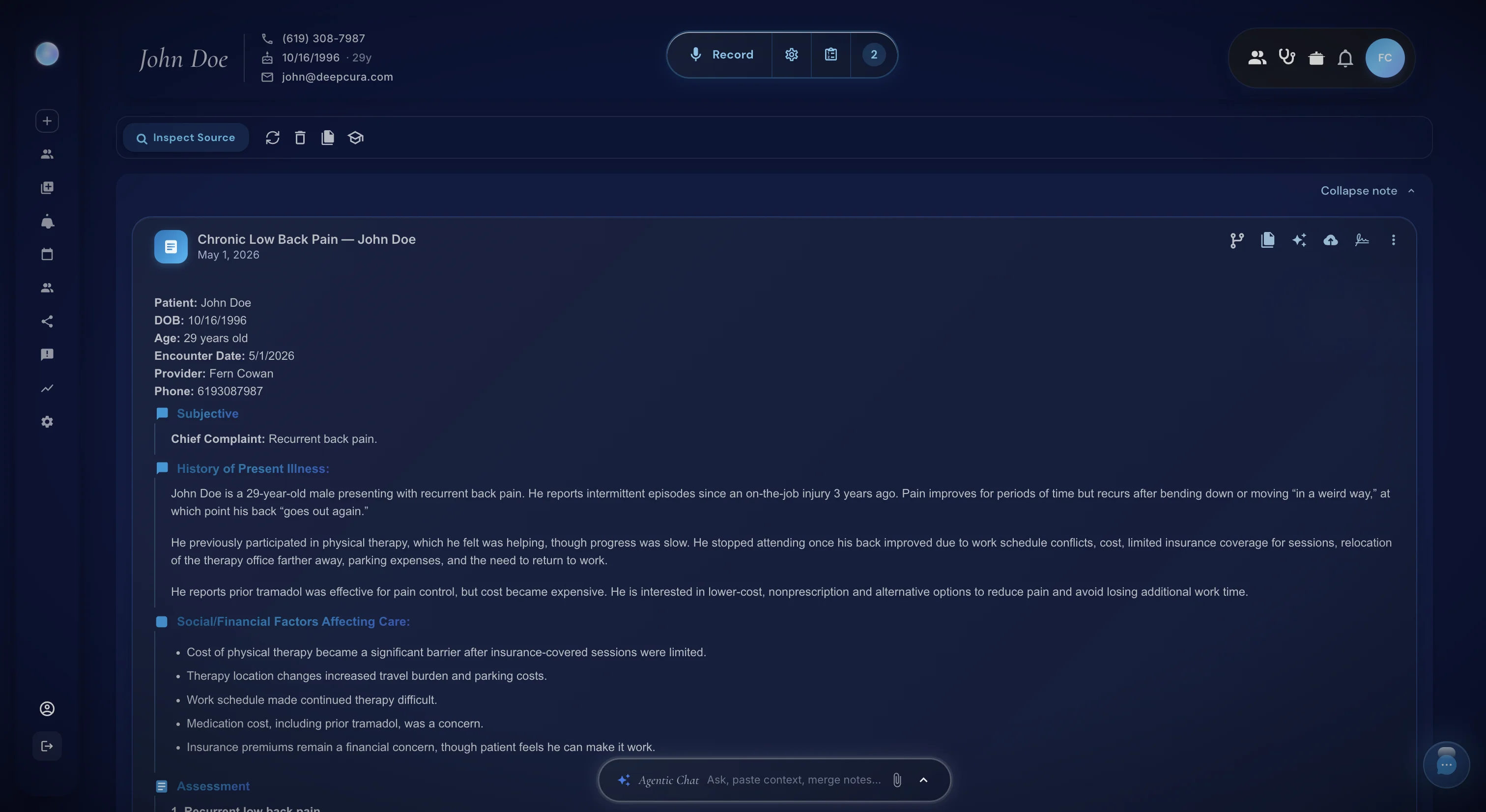 DeepCura same patient chart in dark mode showing the agentic chat input — comfortable for late-night charting and 8 PM documentation sessions