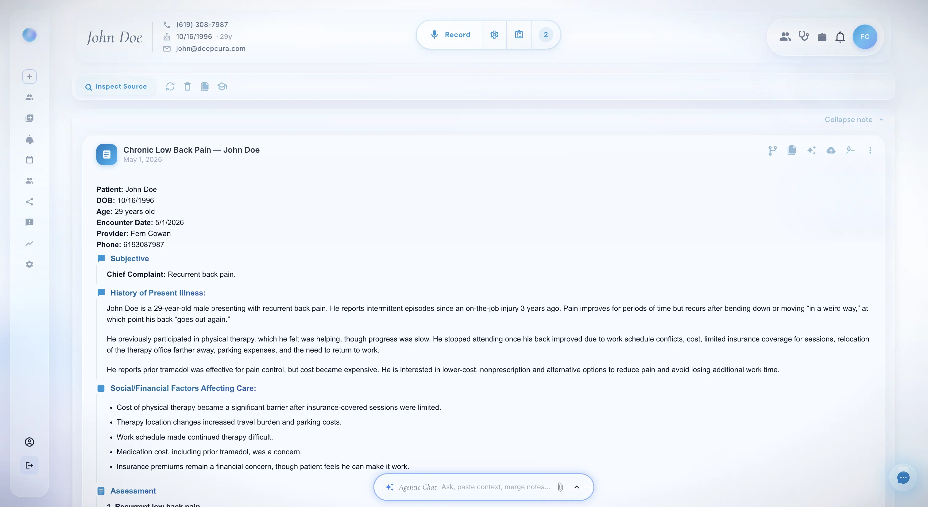 DeepCura agentic chat in light mode showing a patient chart with multi-step tool chaining input — retrieve templates, patient history, and merge results in a single query