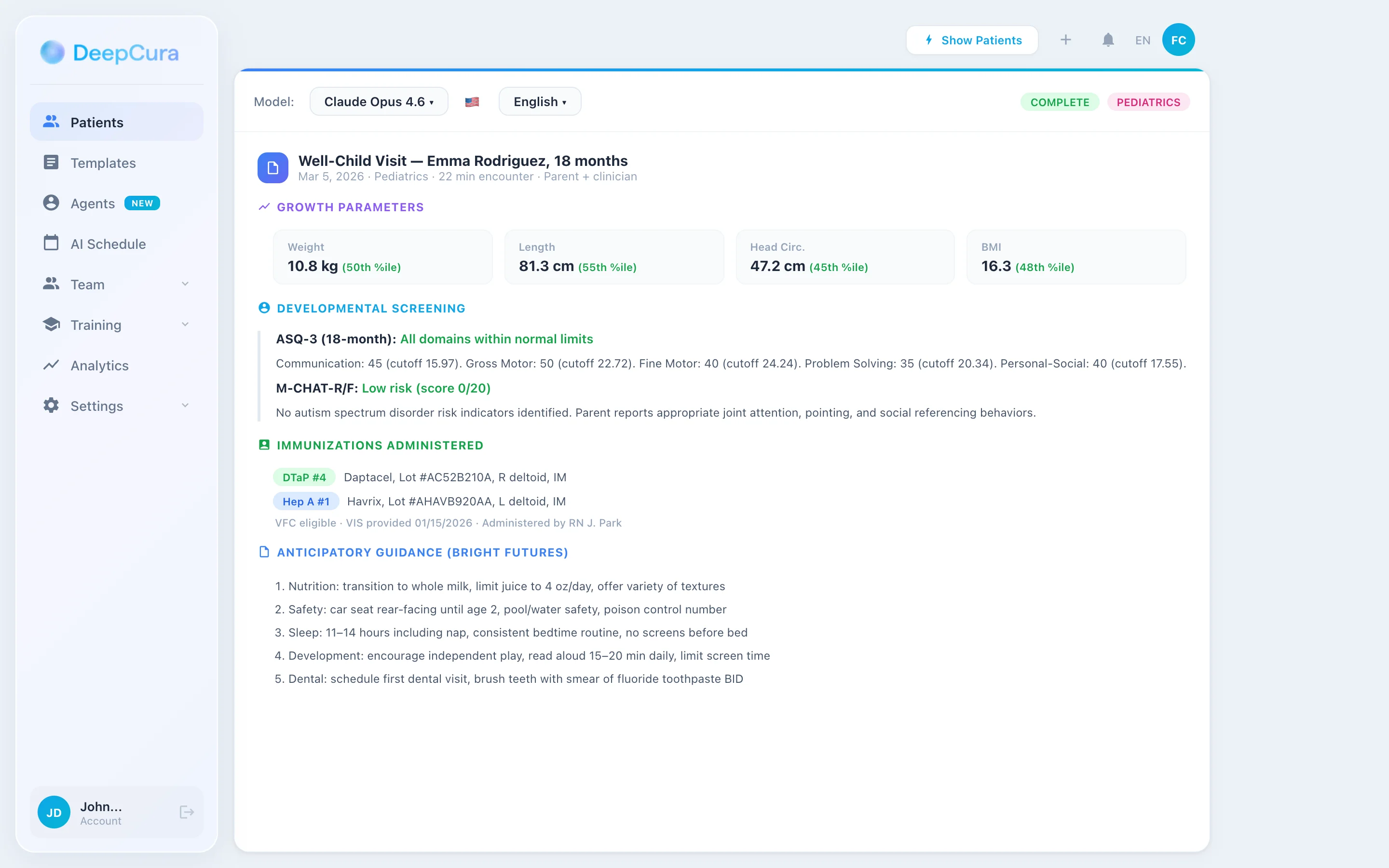 DeepCura AI scribe generating a pediatric well-child visit note with growth parameters, developmental screening scores, and immunization documentation