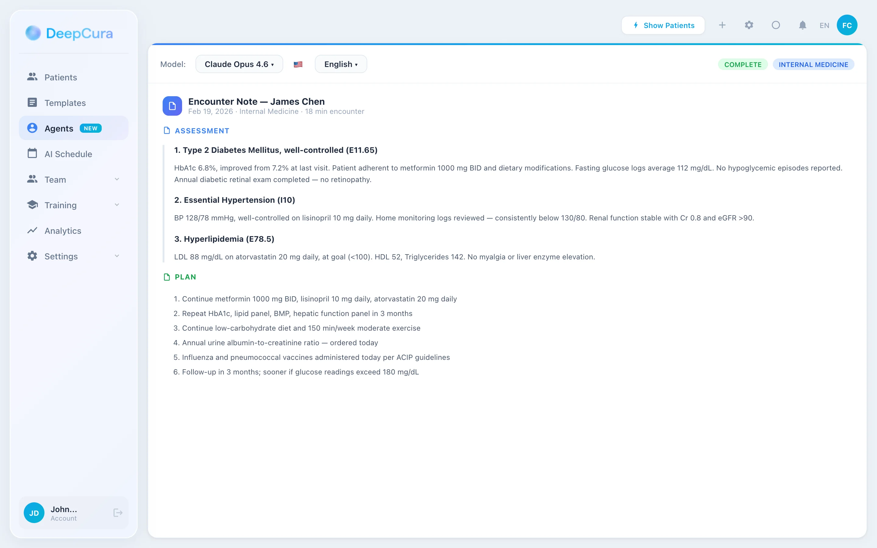DeepCura AI scribe with model selector — choose between Claude, GPT-4o, or Gemini for note generation