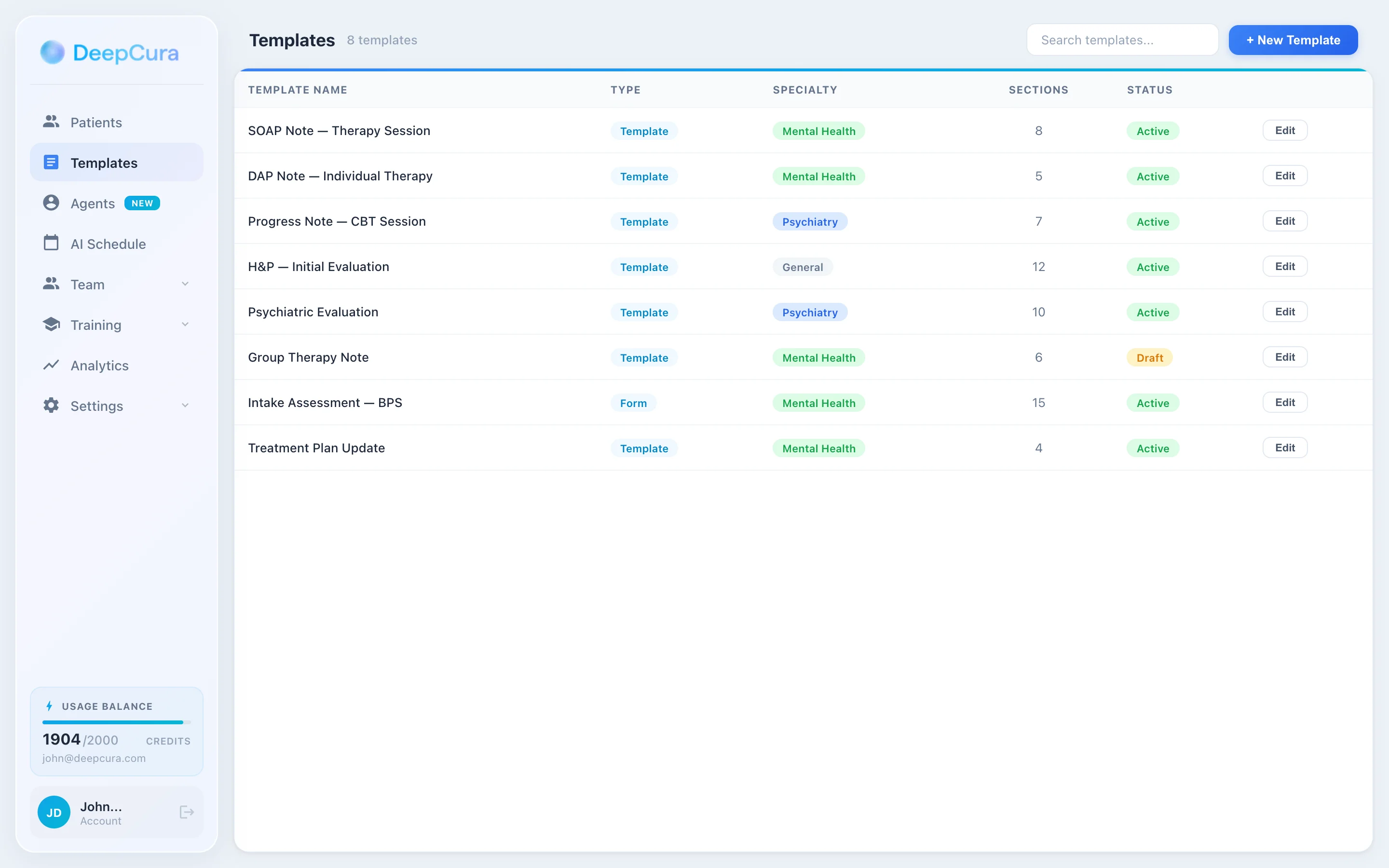 DeepCura Templates page showing mental health note templates including SOAP, DAP, BIRP, and psychiatric evaluation formats