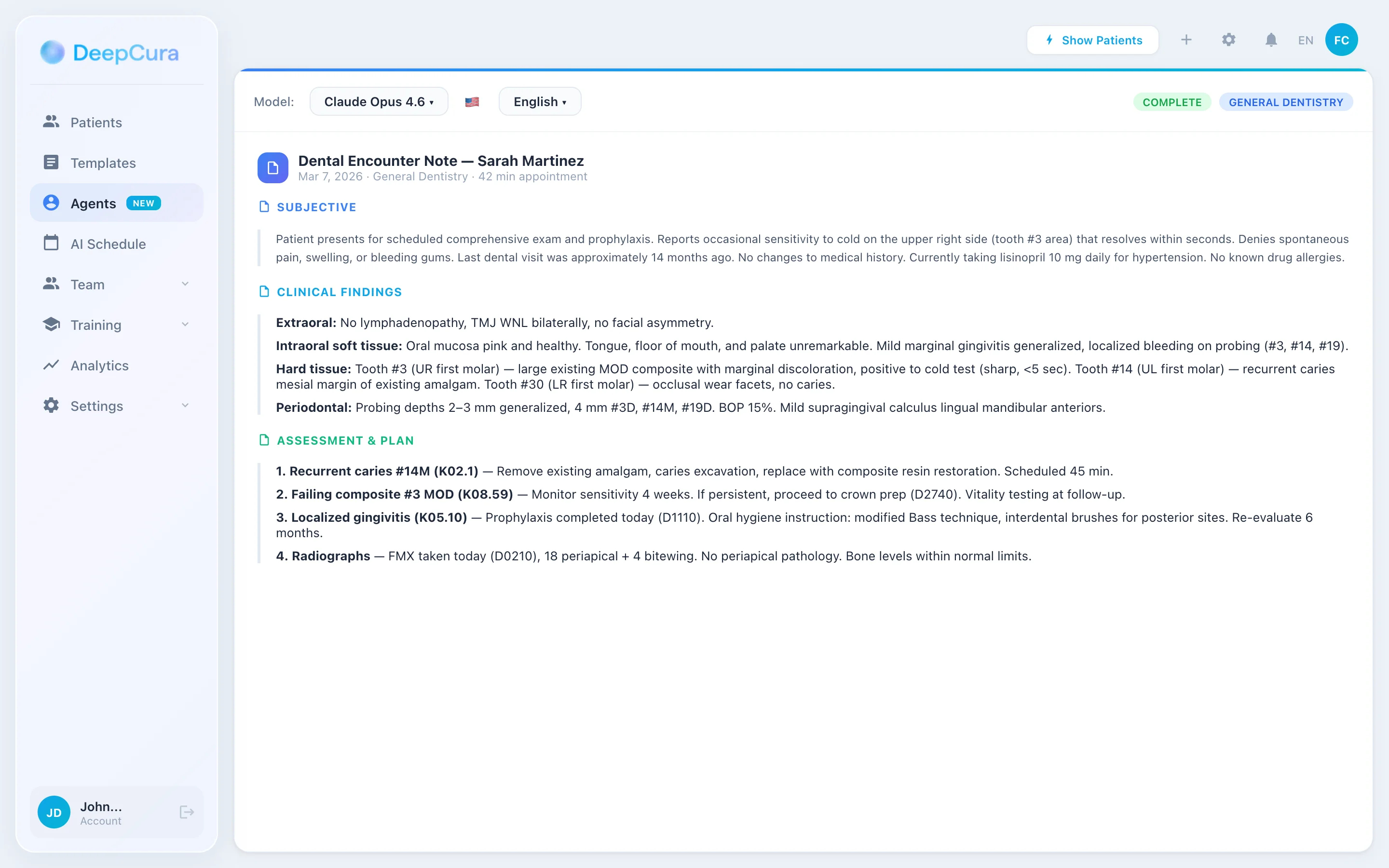 DeepCura AI scribe generating a dental encounter note with subjective, clinical findings, assessment and plan — glassmorphism sidebar with patient list