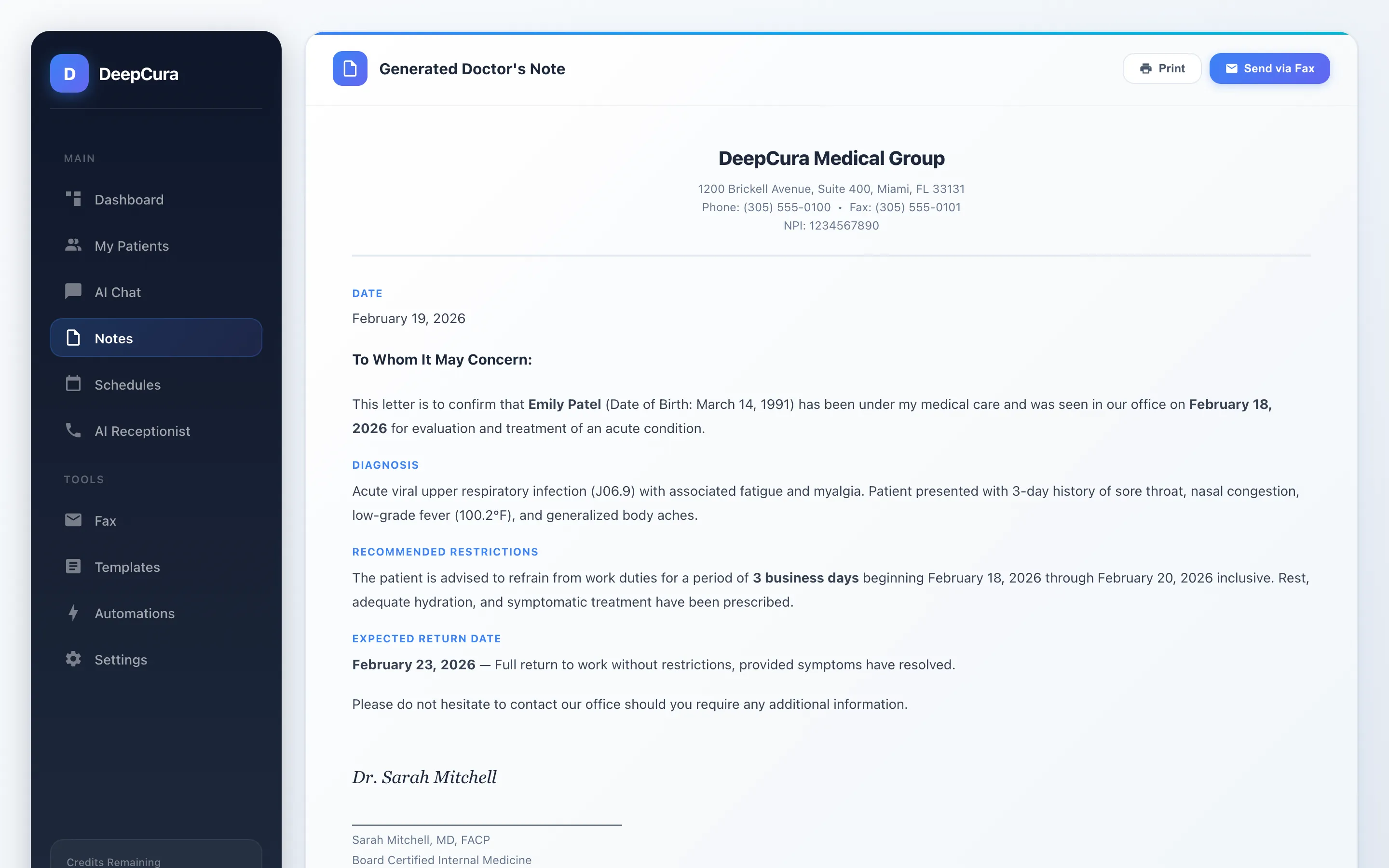 DeepCura AI-generated doctor's note — auto-filled work absence note with download, EHR push, and print options