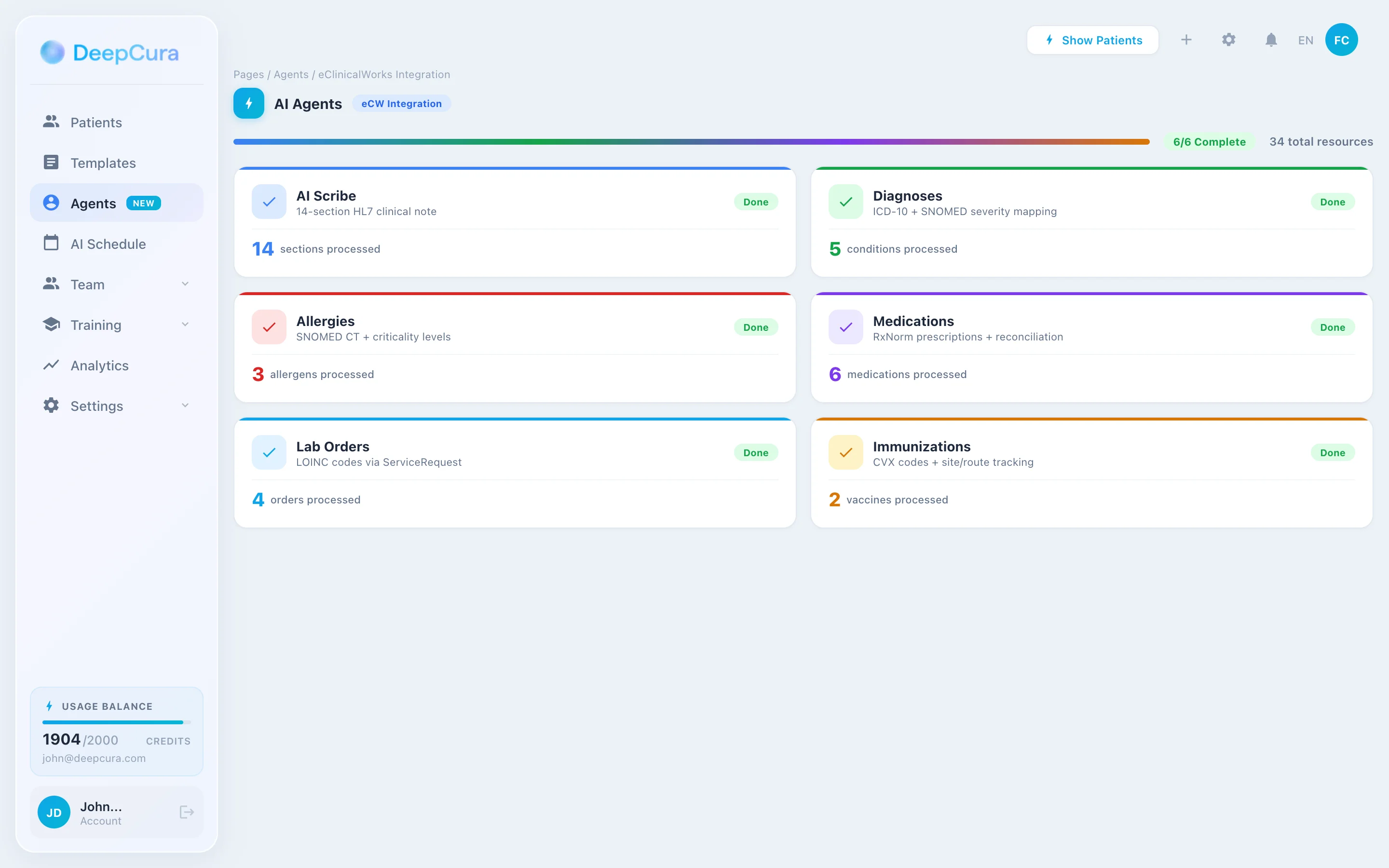 DeepCura AI Agents Panel — 6 agents processing an eClinicalWorks encounter