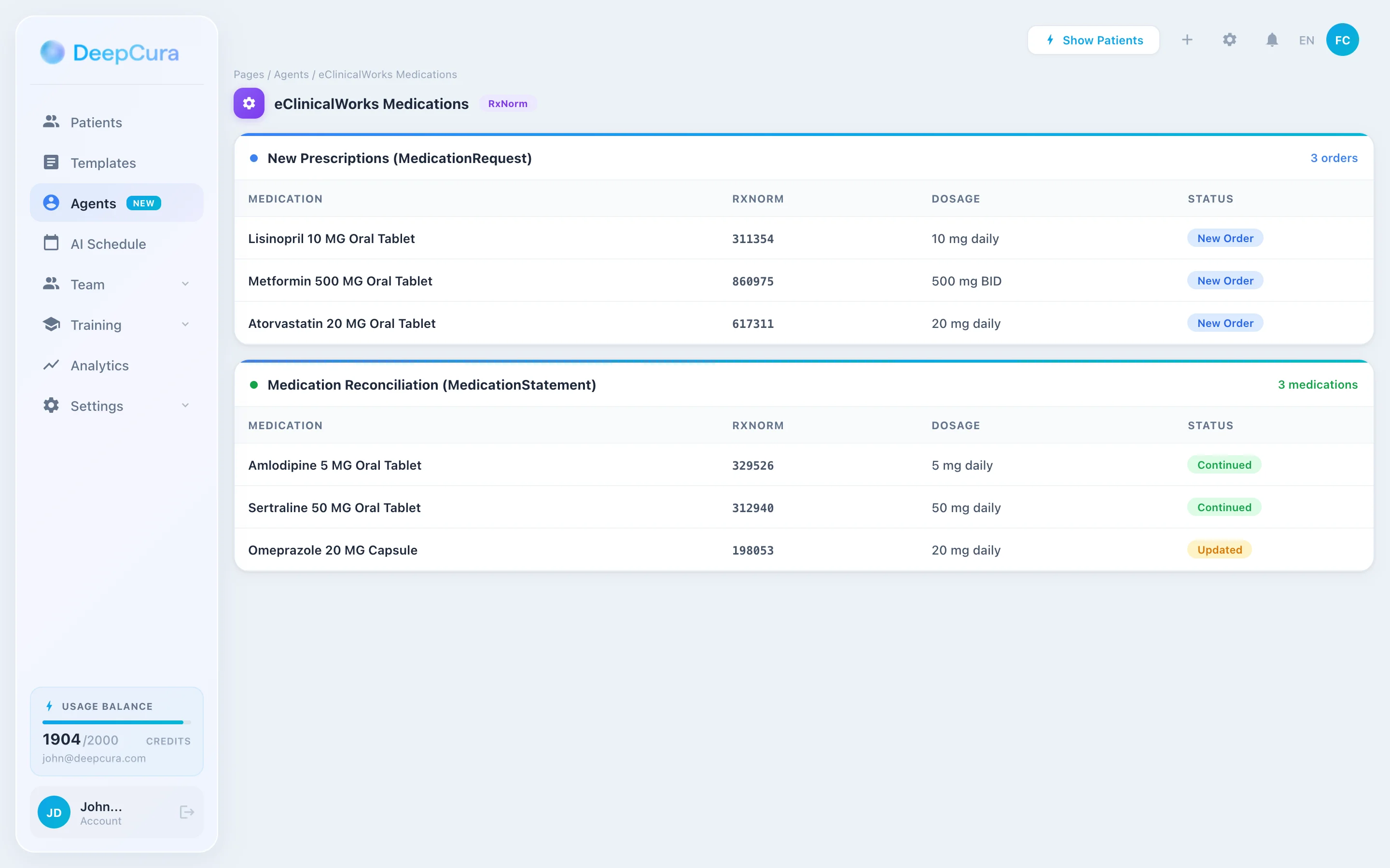 DeepCura Medication Automation — RxNorm-coded prescriptions and reconciliation for eClinicalWorks
