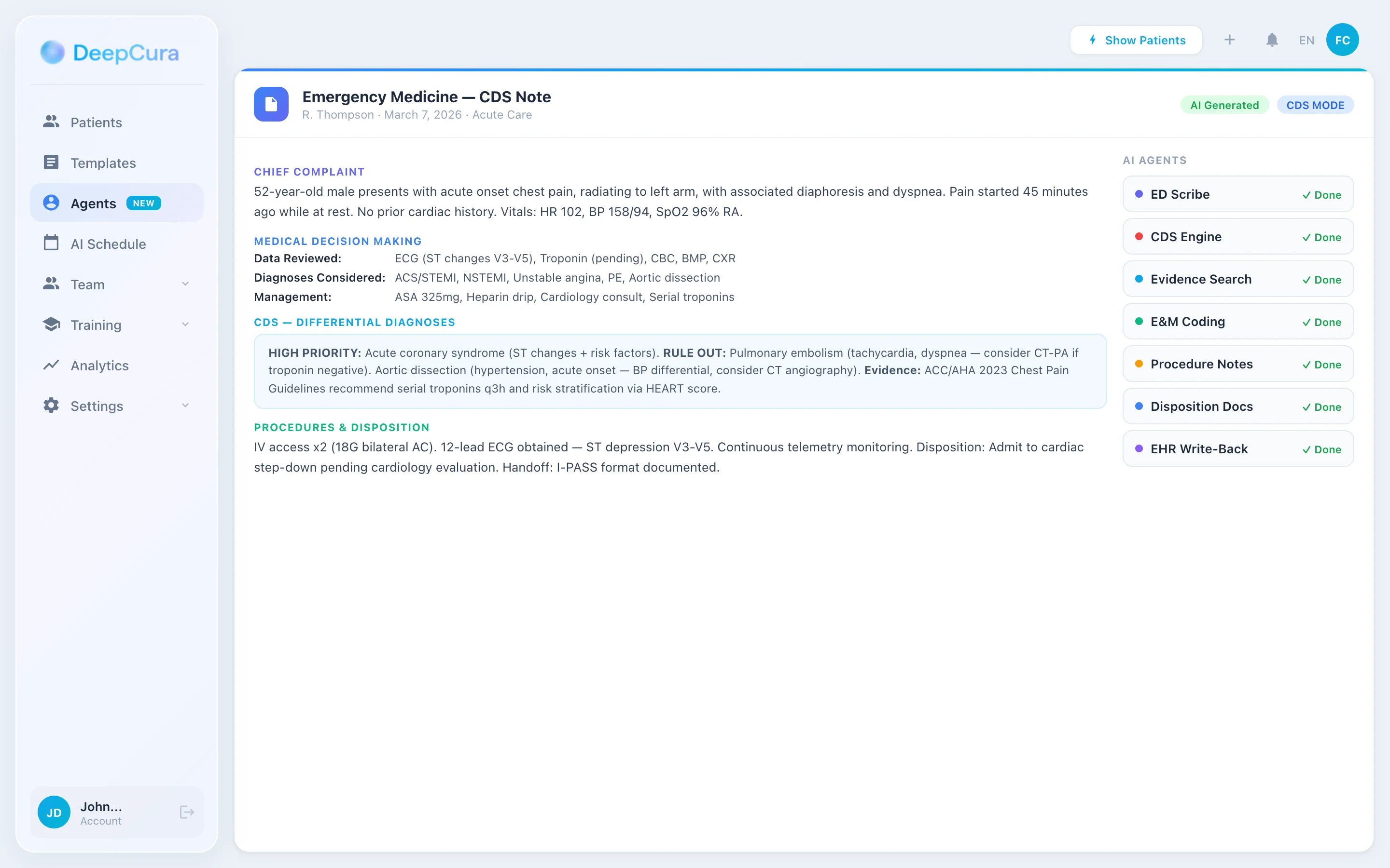 DeepCura AI scribe generating an emergency medicine note with CDS panel showing differential diagnoses
