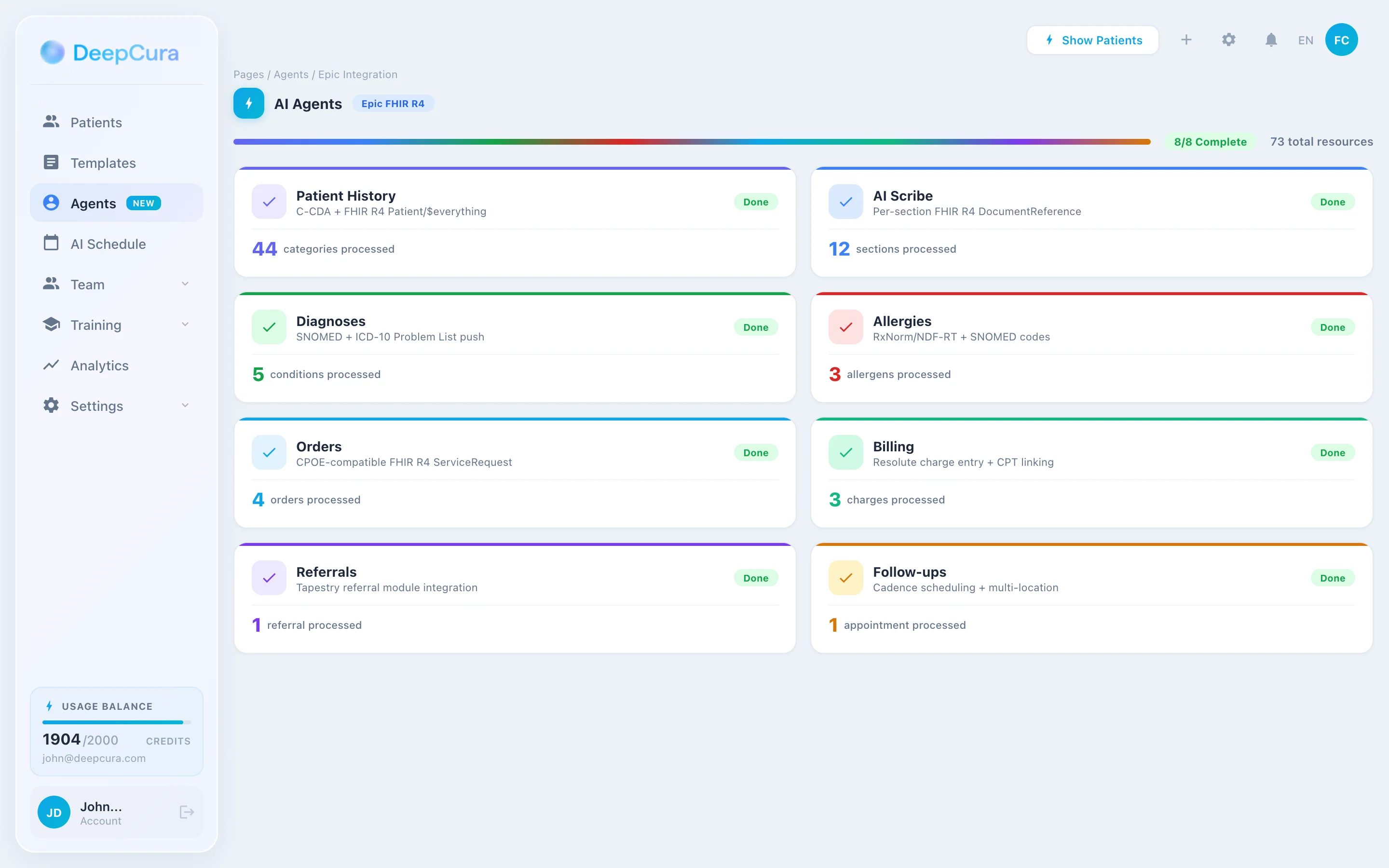 DeepCura AI agents panel processing an encounter with Epic integration