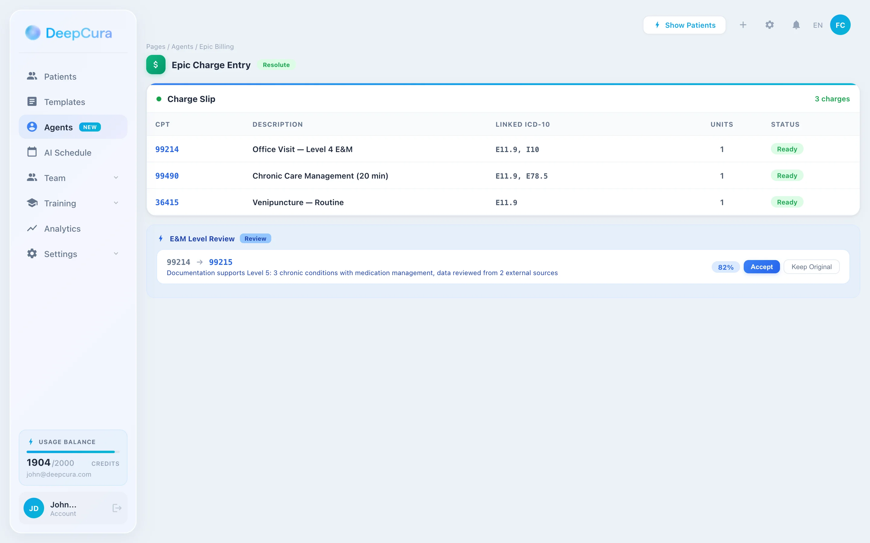 DeepCura billing automation with CPT codes and linked diagnoses for Epic