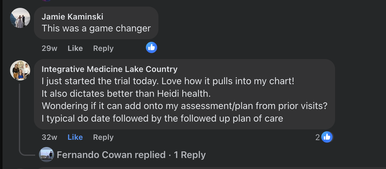 Facebook comments — Jamie Kaminski: 'This was a game changer' and Integrative Medicine Lake Country: 'Love how it pulls into my chart! It also dictates better than Heidi health.'