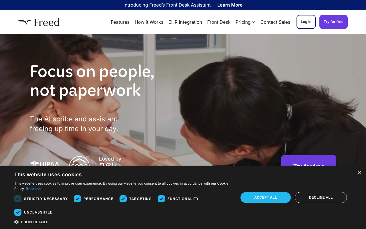Freed AI medical dictation and ambient scribe homepage — simple AI documentation for physicians
