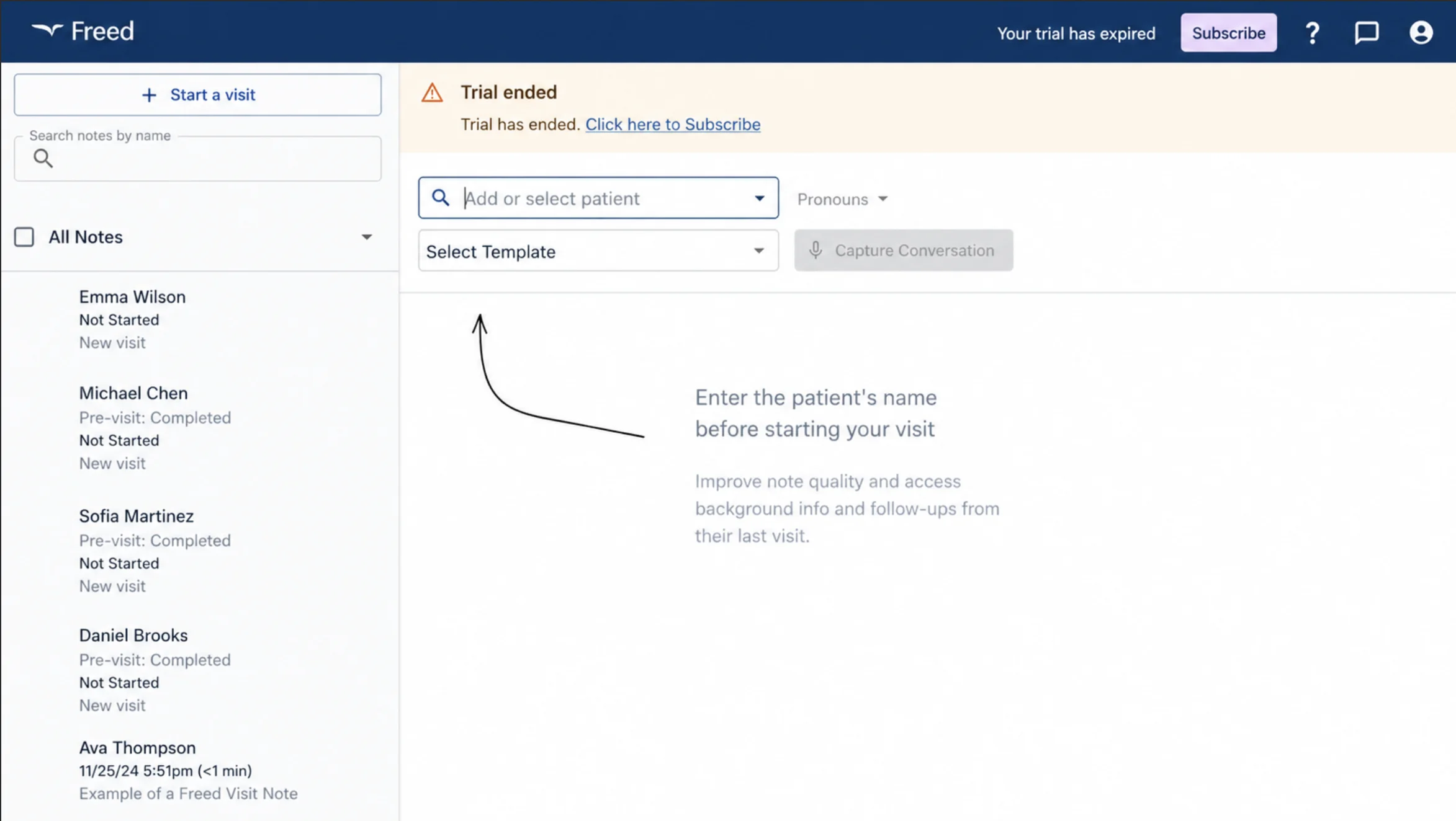 Freed AI scribe interface showing the linear template-and-patient selection workflow — no multi-step chat orchestration, no tool chaining