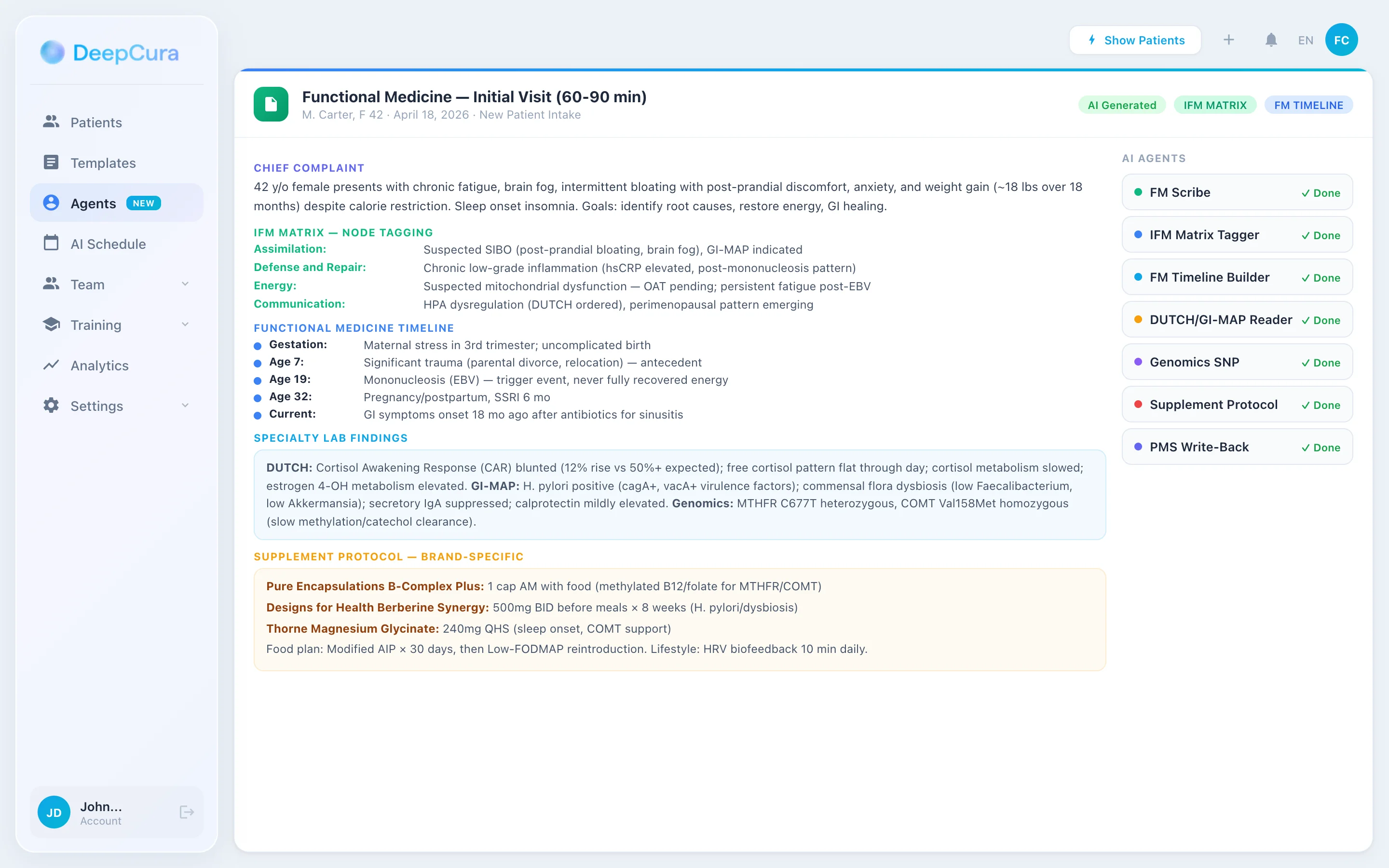 DeepCura functional medicine initial visit note with IFM Matrix mapping, timeline, lab interpretation, and brand-specific supplement protocol
