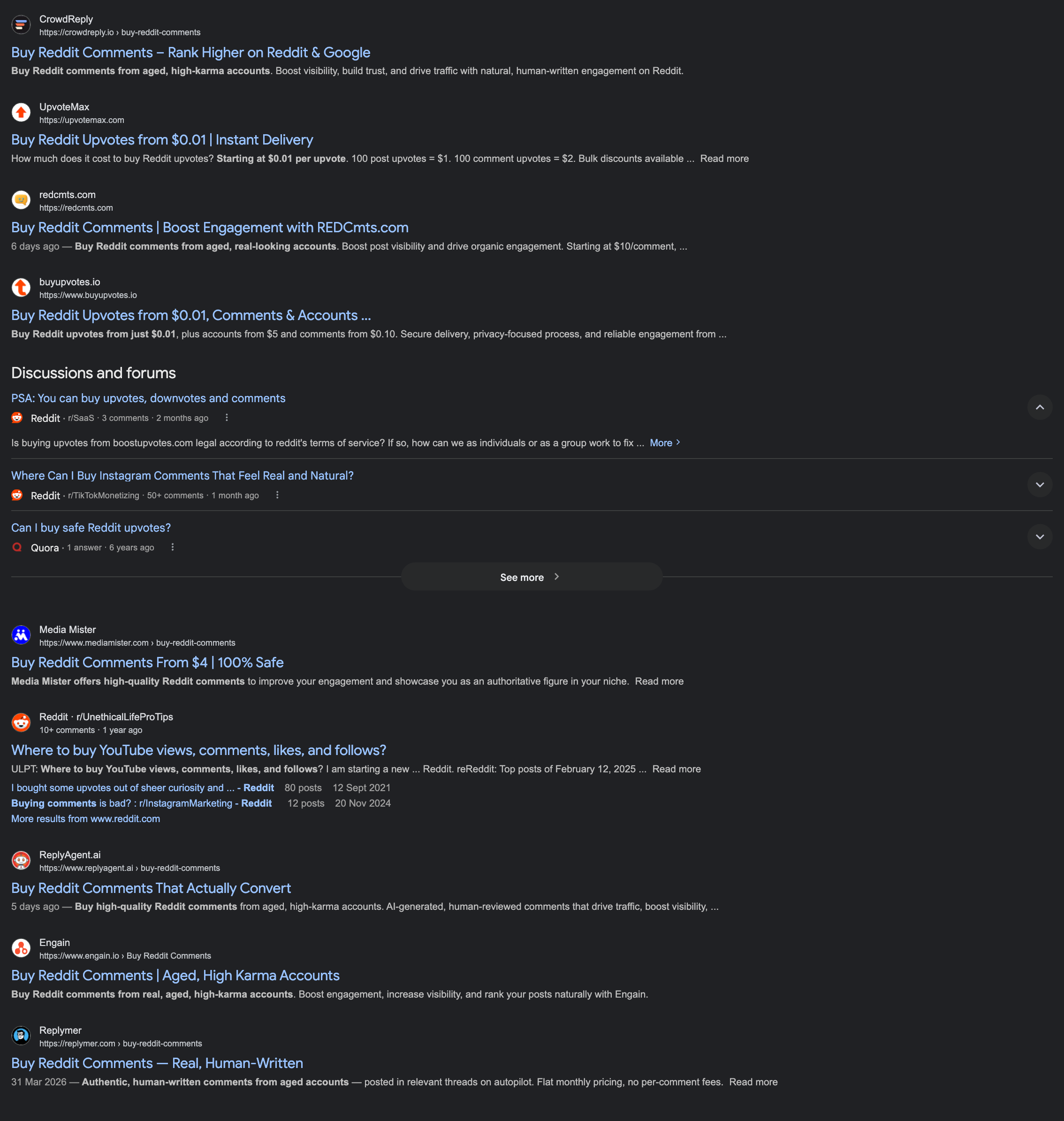 Google search results for "buy Reddit comments" showing dozens of companies selling fake Reddit engagement from aged, high-karma accounts