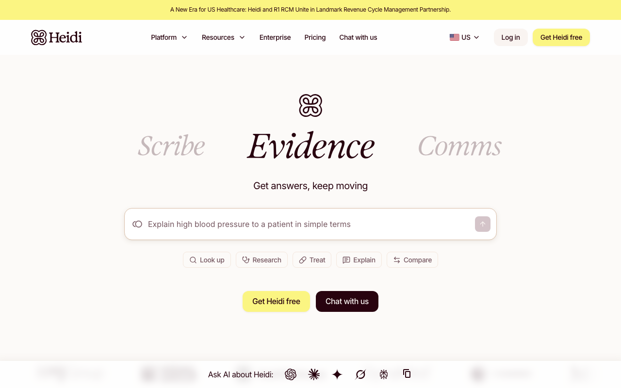 Heidi Health AI medical scribe homepage — free tier ambient clinical documentation platform
