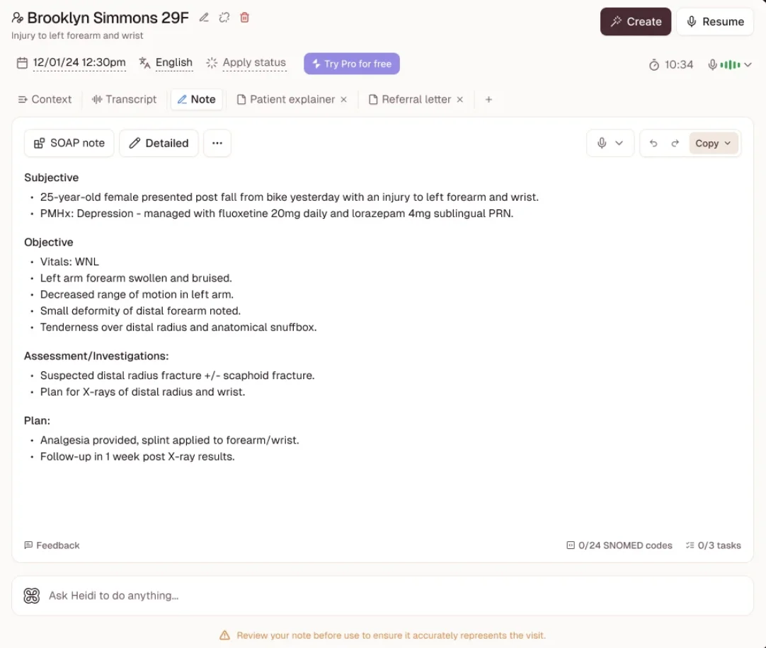 Heidi Health AI scribe interface showing the single-turn "Ask Heidi to do anything" chat input — no multi-step tool chaining