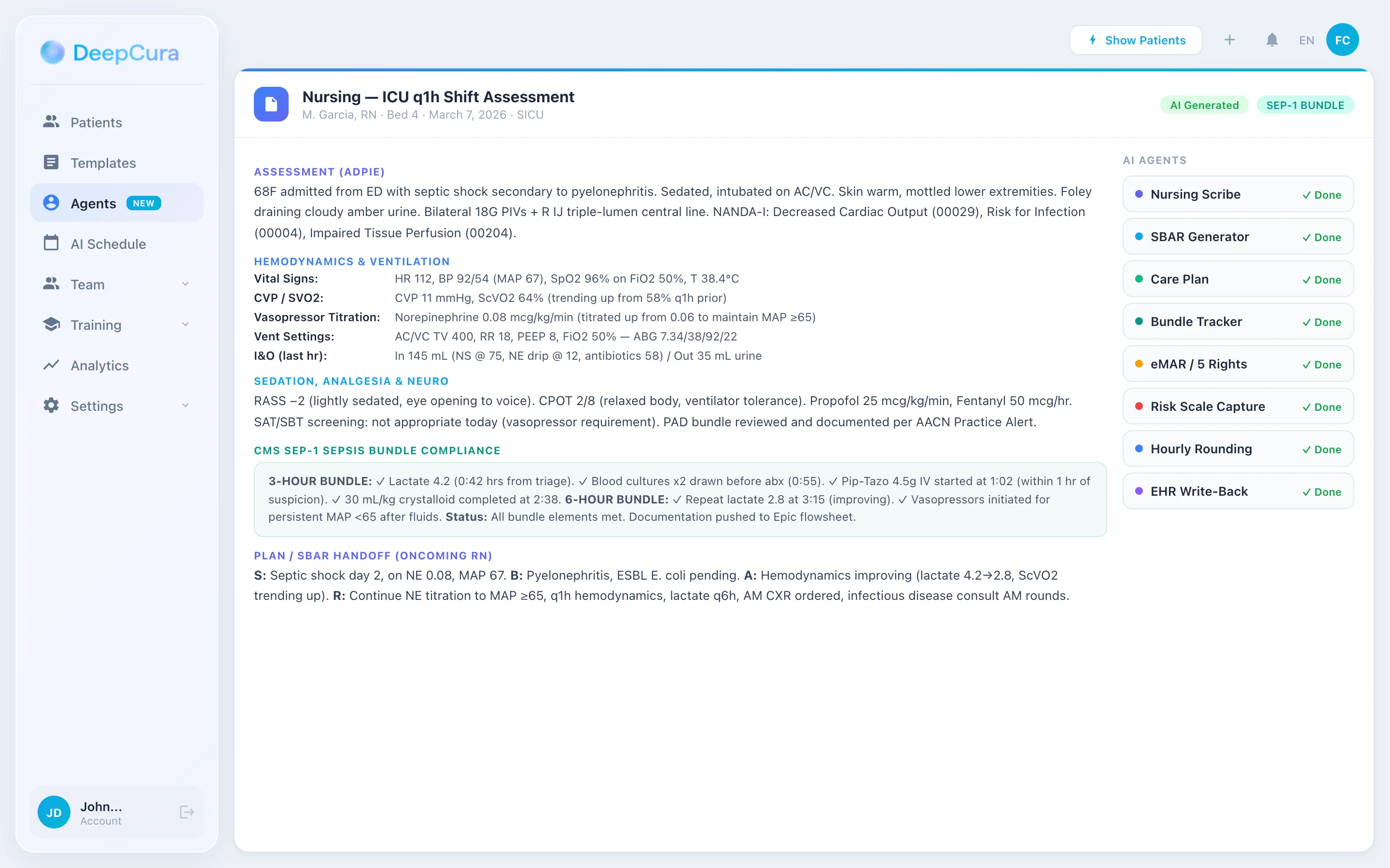 DeepCura ICU nursing q1h shift assessment with hemodynamics, vasopressor titration, RASS/CPOT, and SEP-1 bundle compliance