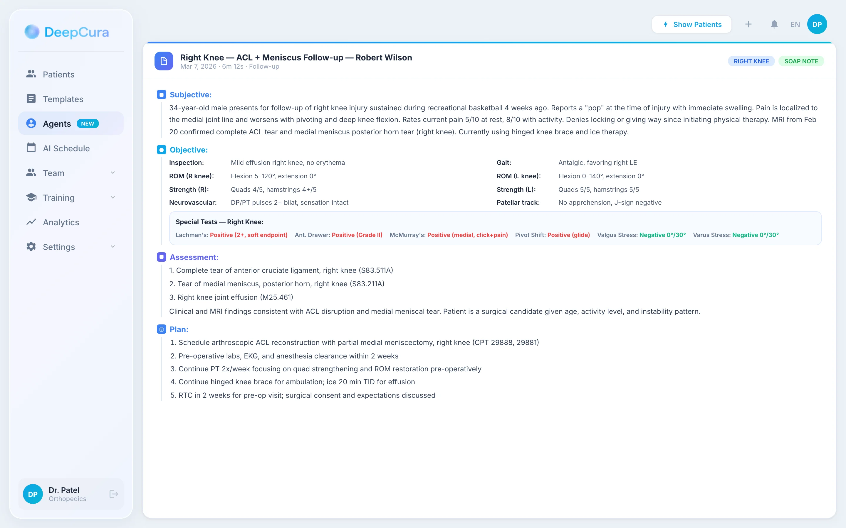 DeepCura AI scribe documenting an orthopedic knee exam with special tests, ROM in degrees, laterality, and ICD-10 codes — real app UI with sidebar and AI Context Manager