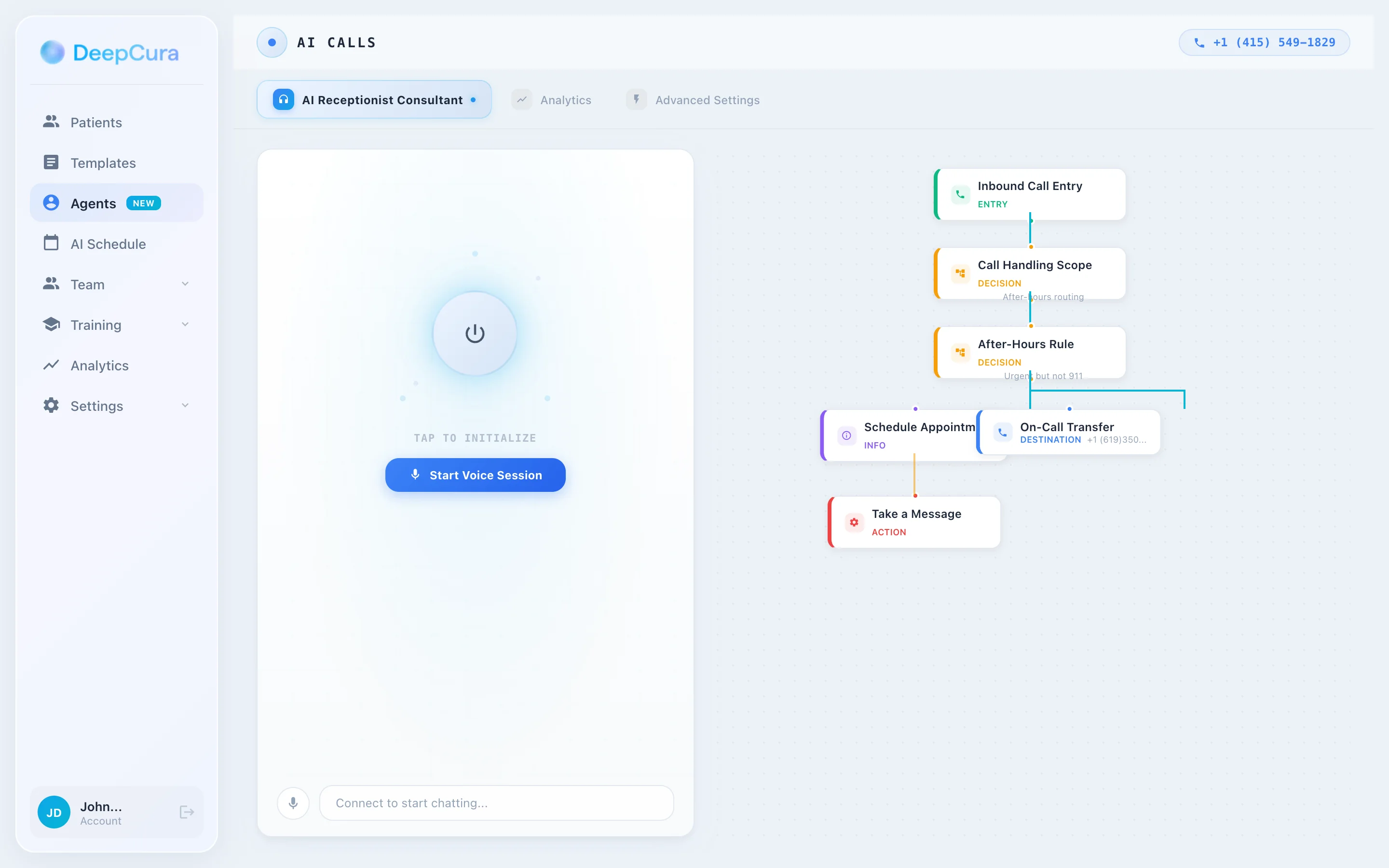 DeepCura AI Receptionist Call Dashboard — incoming calls handled by AI with real-time status tracking