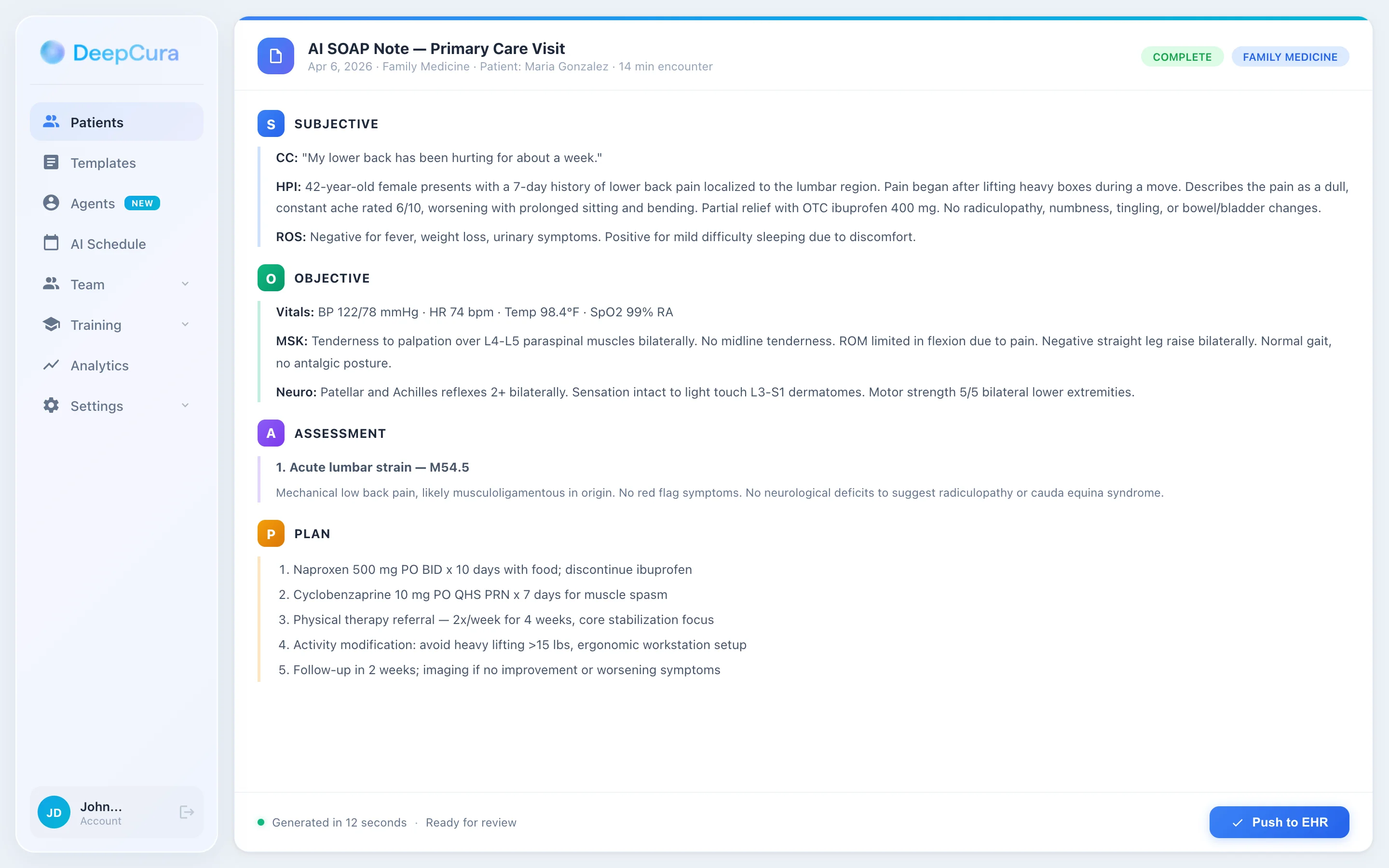 DeepCura AI generating a SOAP note automatically from a patient encounter