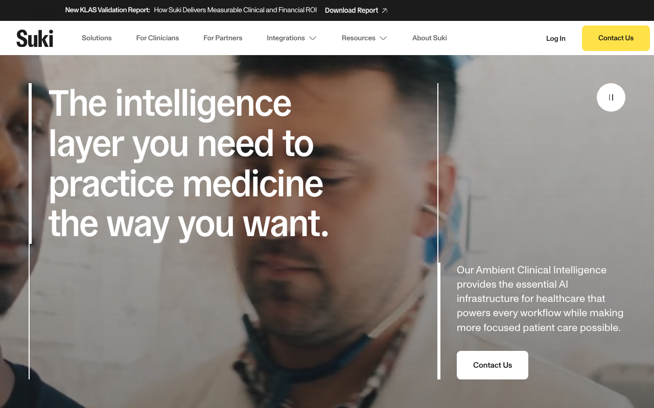 Suki AI medical scribe homepage — voice-first ambient clinical intelligence platform