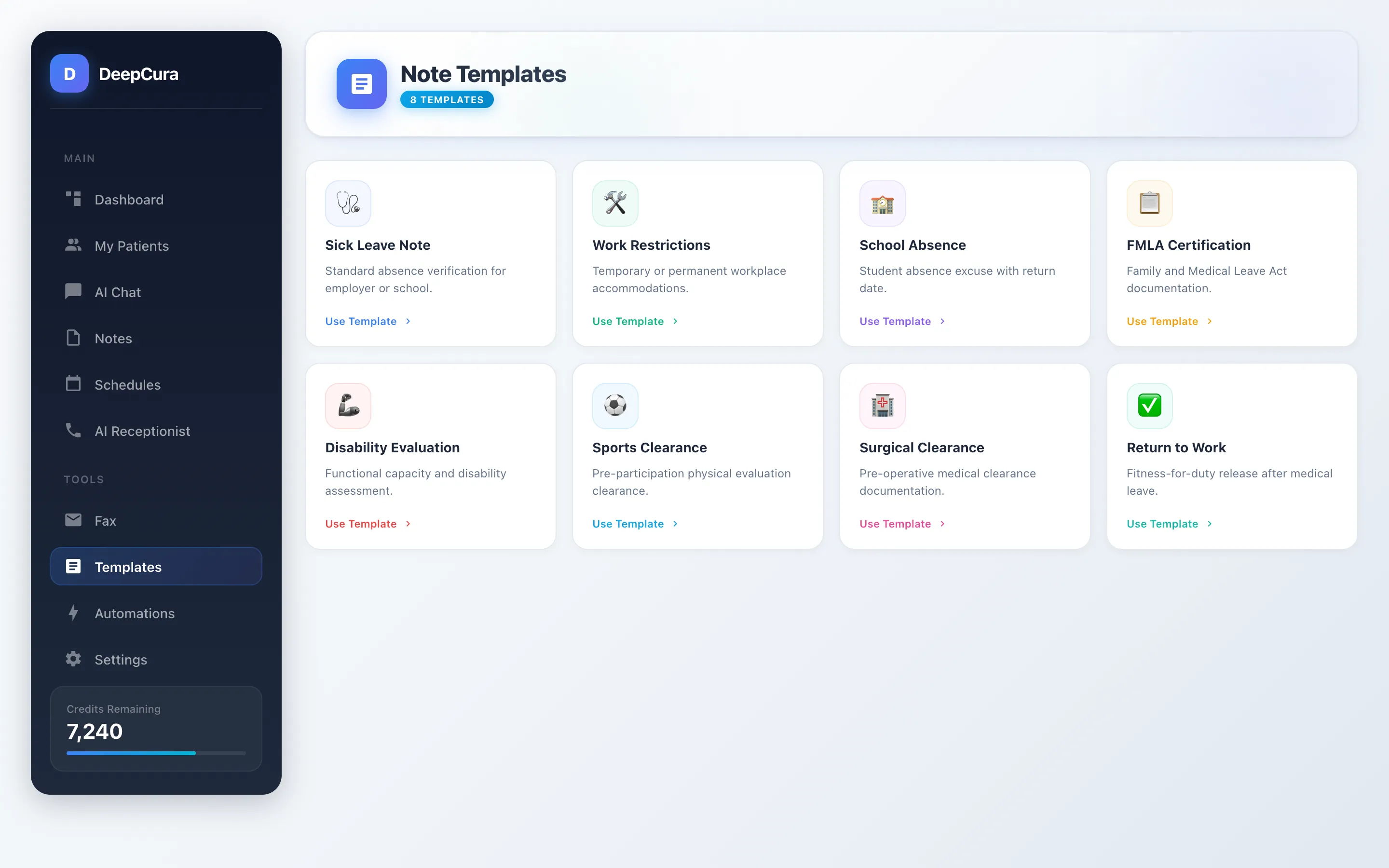 DeepCura template gallery — 12 doctor's note templates for work, school, and medical leave