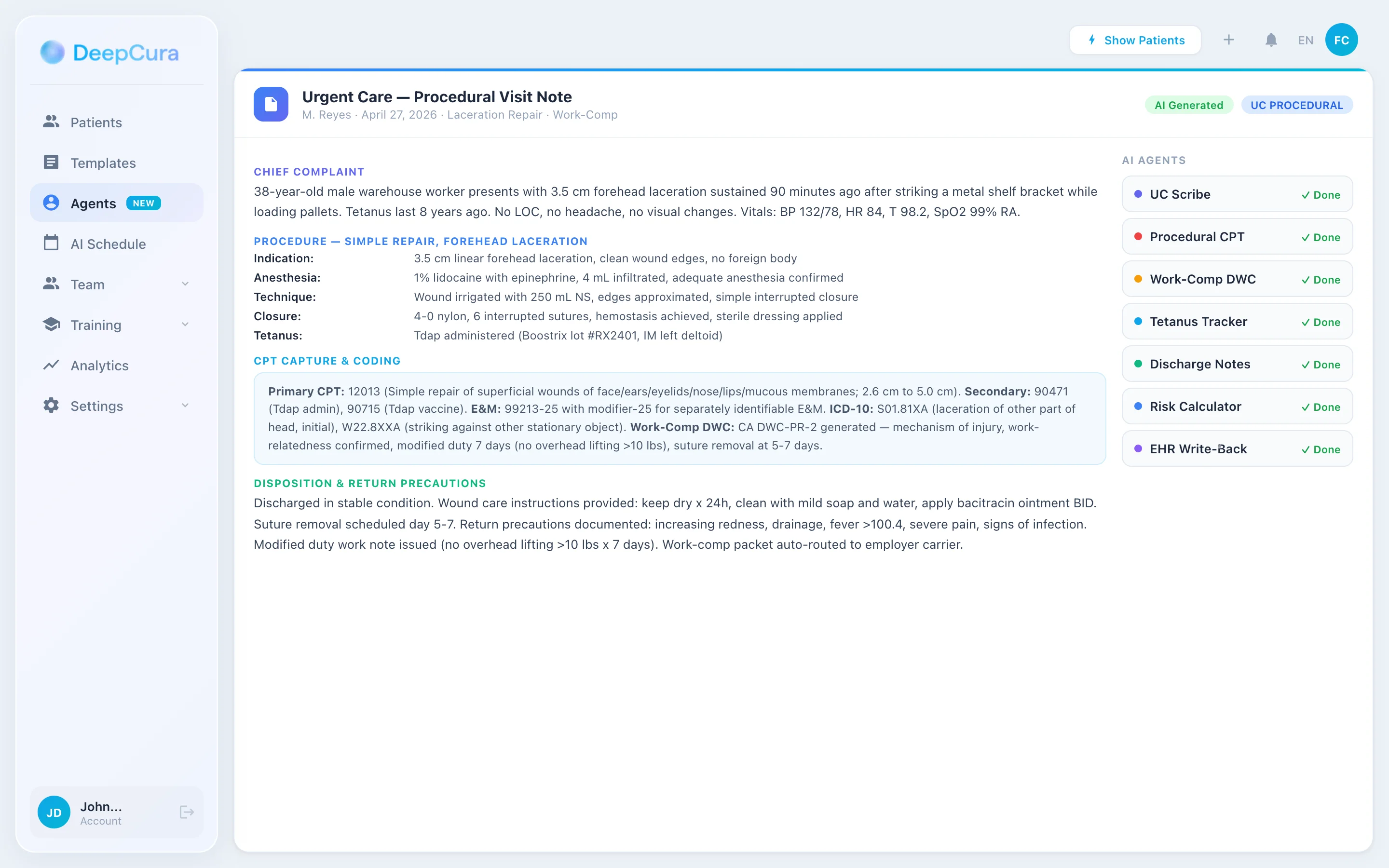 DeepCura urgent care procedural visit note with laceration repair documentation, CPT capture, and work-comp DWC support